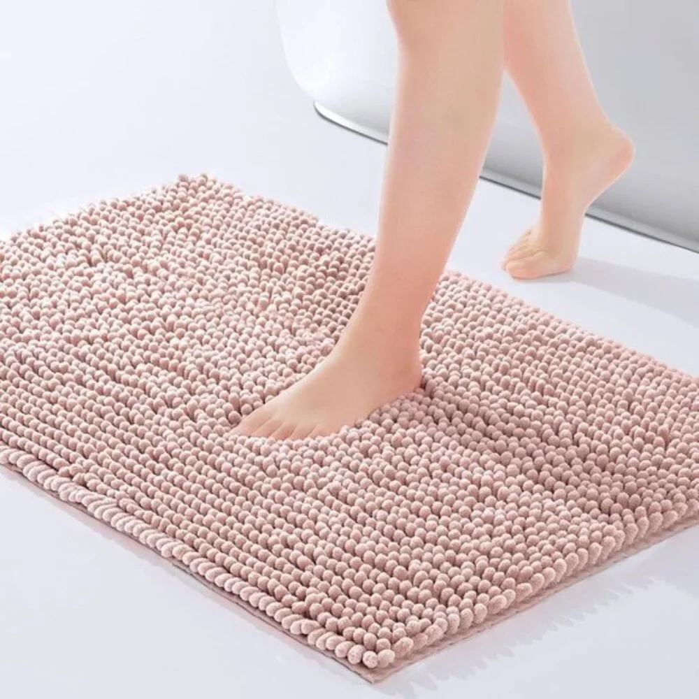 New 24x17In Dusty Pink Chenille Bath Mat, Non-Slip, Soft, Washable, Absorbent
